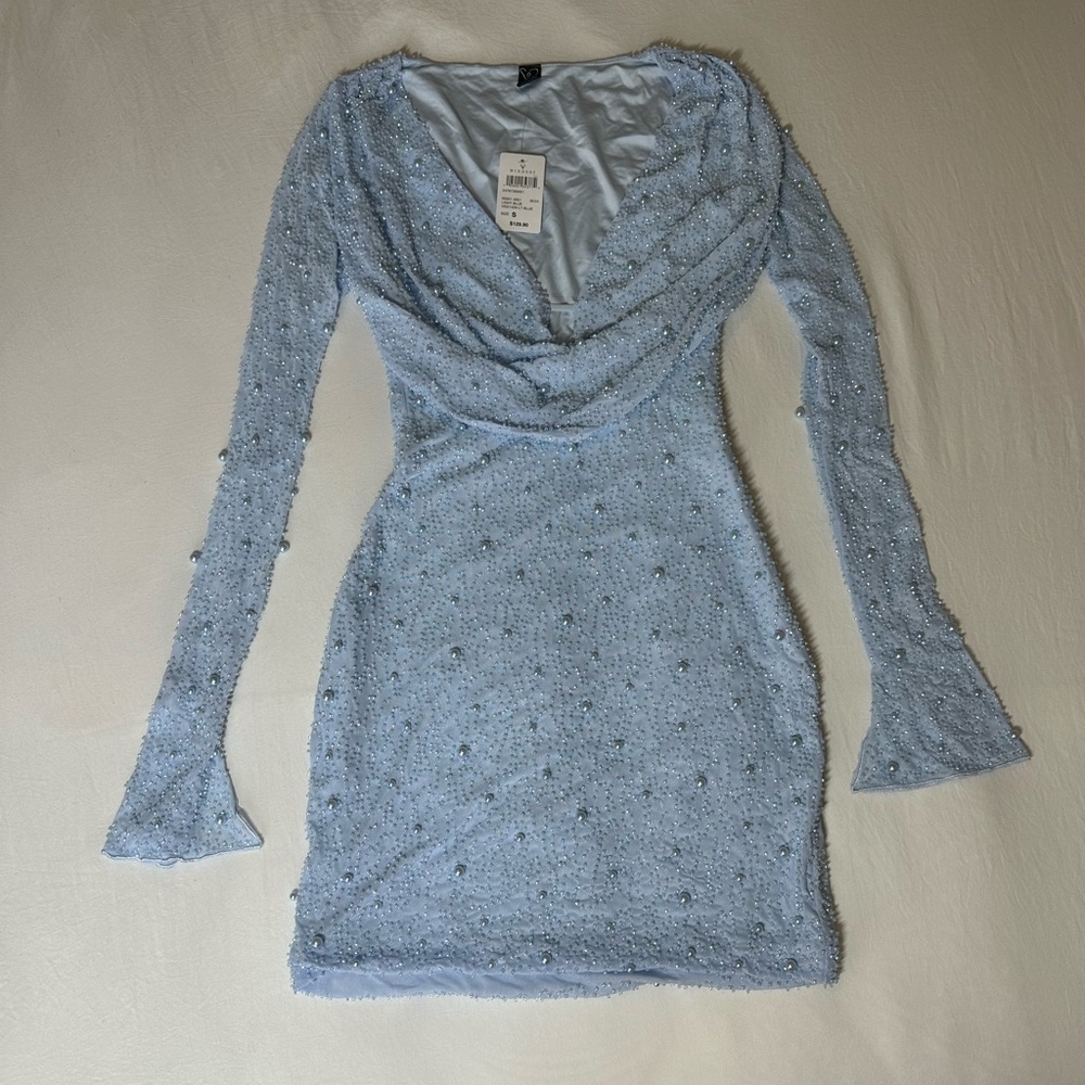 Bianca Long Sleeve Faux Pearl Beaded Mini Dress - Picture 5 of 11